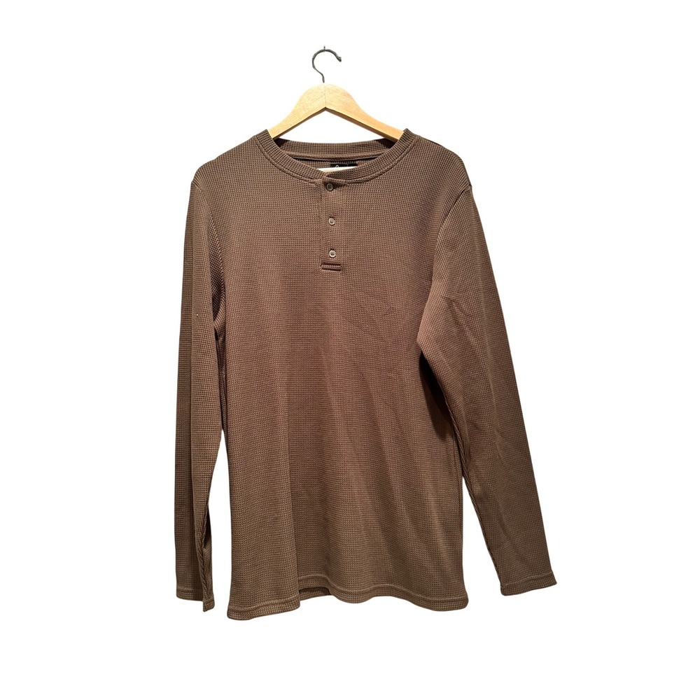 Qualfort Mens Green Brown Waffle Knit Henley Shirt Long Sleeve Thermal Top M NWT